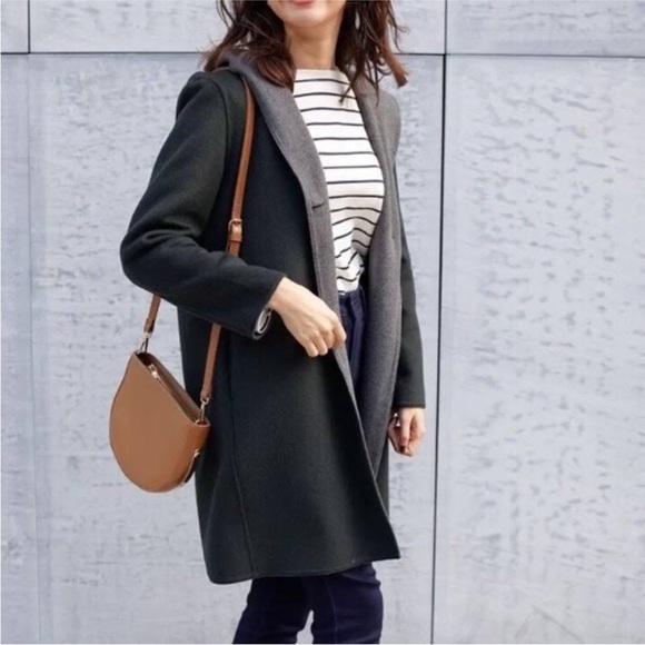 Uniqlo szXS brush wool double faced hooded coat in navy/ gray - Picture 13 of 14